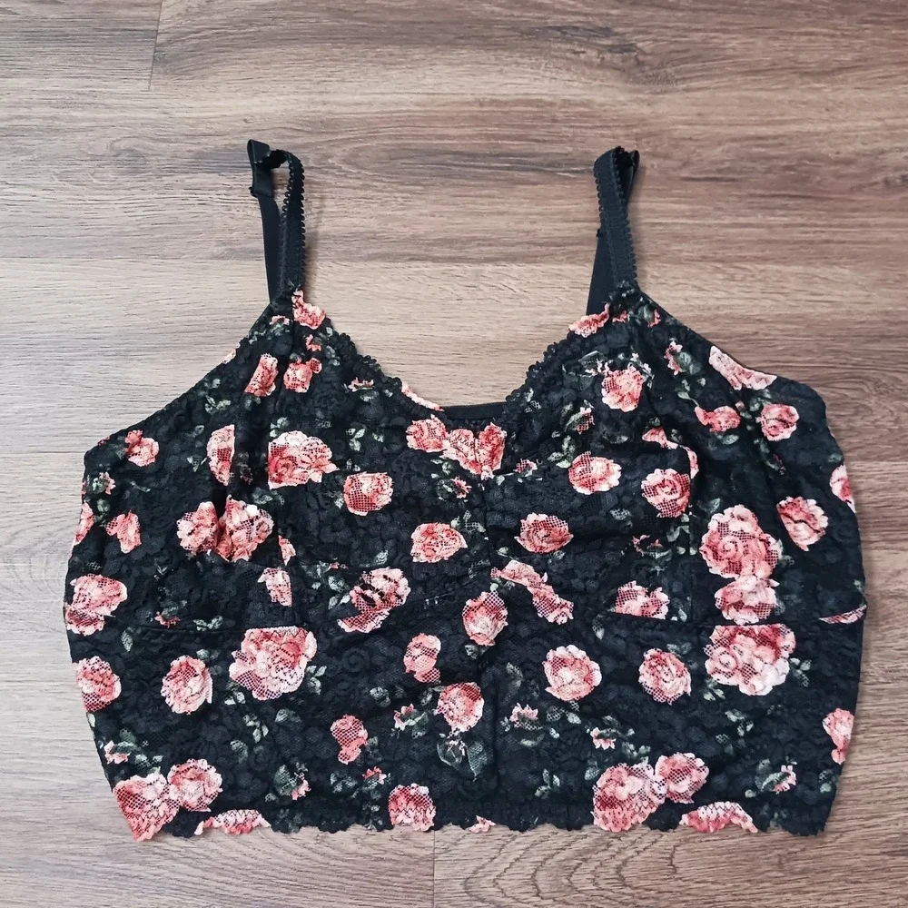 Torrid Curve Black Pink Floral Lace Bralette V-Neck Longline Wireless Size 4X